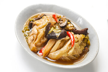 Still life photography of vegetarian food : Chef cooking vegetable with tofu for vegetarian food. Selective focus. Shooting in studio, Vegan food good taste idea concept.