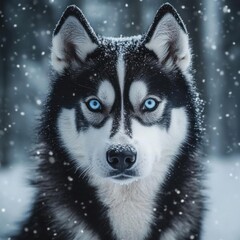 Fototapeta premium Stunning Close-Up of a Black and White Siberian Husky with Blue Eyes in Fresh Snow