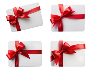 Blank white gift card with red ribbon bow, white paper card, Holiday elements isolated