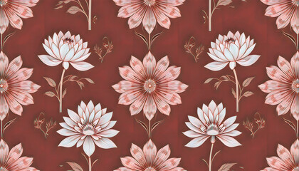 Elegant floral pattern illustration in deep red with lotus motifs for decorative purposes
