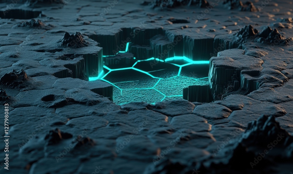 Poster futuristic landscape with glowing hexagonal patterns and rugged terrain, showcasing a sci-fi environ