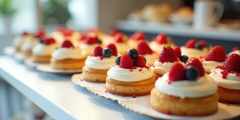 A delightful arrangement of mini cakes, adorned with a luscious blend of creamy frosting and vibrant red and blue berries, presented on a pristine white surface.