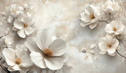 Beige wall mural, 3D white flowers, petals, design