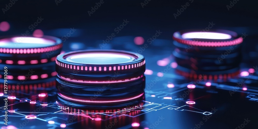 Poster the image features glowing digital coins on a circuit board, illustrating the concept of cryptocurre