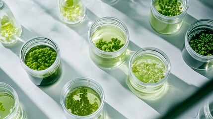 Obraz premium Top down view of algae and microalgae in laboratory biofuel research and biotechnology