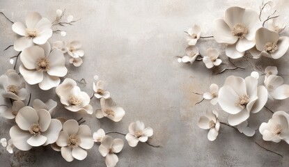 Beige paper flowers wall decor, textured background
