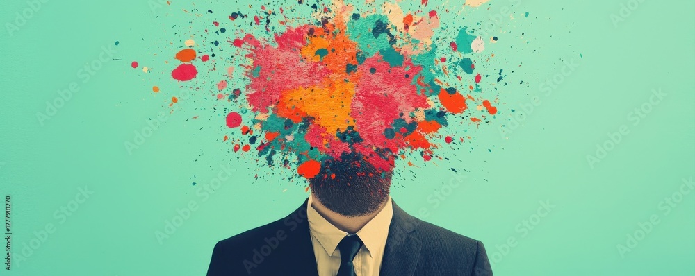 Poster a creative image of a suited man with an explosion of colorful paint instead of a head, symbolizing 