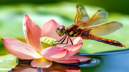 Naklejka premium Dragonfly Resting on Pink Lotus Flower in Serene Water Garden