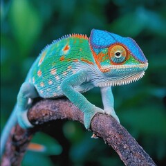Obraz premium Stunning Close-Up of a Vibrant Chameleon on a Twisted Branch Showcasing Intricate Green, Blue, and Orange Scales