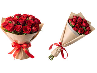 Bouquet of red roses wrapped in paper with red ribbon, a Set of roses, and red roses for valentines gift isolated