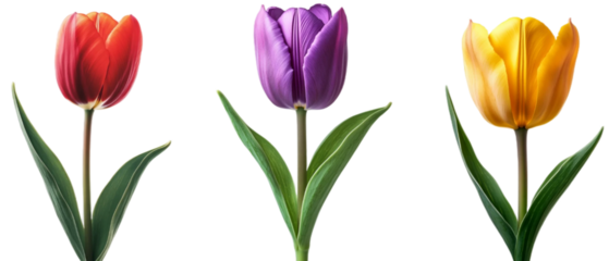 Three tulips flower (red, purple, yellow) with a gracefully curved stems and fresh green leaves, isolated white background. Suitable for marketing or business purposes. PNG file