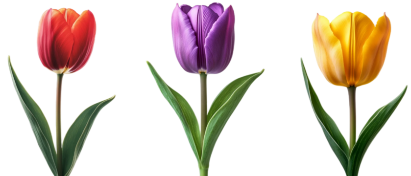Three tulips flower (red, purple, yellow) with a gracefully curved stems and fresh green leaves, isolated white background. Suitable for marketing or business purposes. PNG file