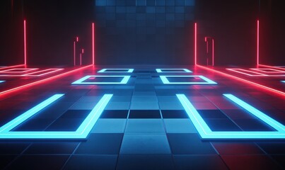 Futuristic neon-lit room with glowing pathways and a dark tiled floor, evoking a sci-fi atmosphere