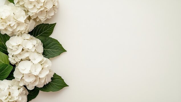 White hydrangea blossoms border on white background