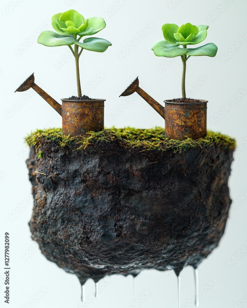 Poster two tiny plants sprout from miniature rusty watering cans nestled in a floating clump of soil, symbo