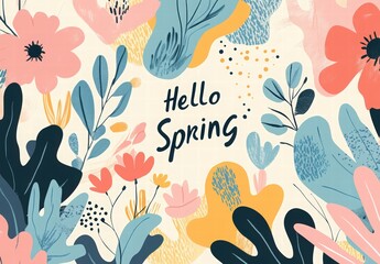 Naklejka premium spring background with flowers and text Hello Spring. spring landscape, spring flowers, leaves, and grass in a field. Springtime nature background with blooming flowers, greenery, and leaves.