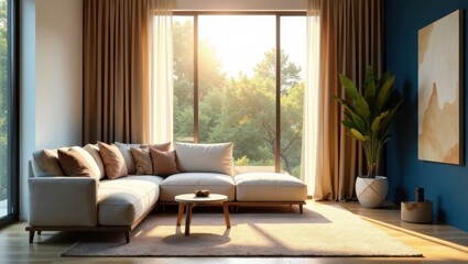 Fototapeta premium Serene Living Room with Sunlight Streaming Through Large Windows and Neutral Decor