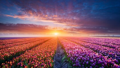 Obraz premium Close-Up of flower bed with variegated red Tulips in Garden, flower, beauty, sunset