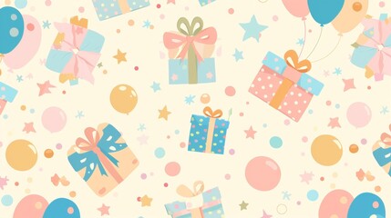 Pastel birthday gift boxes and balloons seamless pattern