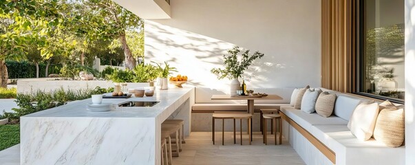 Chic small-space outdoor kitchen with marble countertops and integrated seating