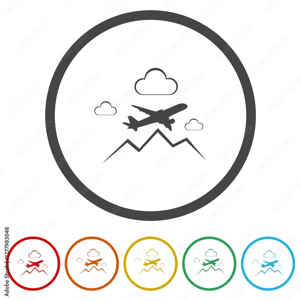 Poster plane flight icon. set icons in color circle buttons