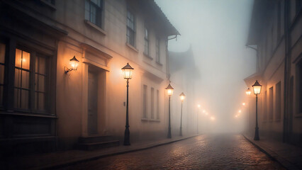 Fototapeta premium A misty old-town street glowing with warm lights.