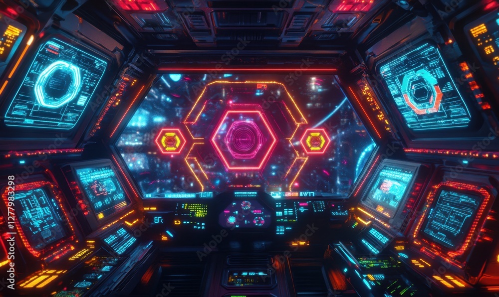 Poster futuristic spaceship cockpit with glowing controls and vibrant screens displaying data in space