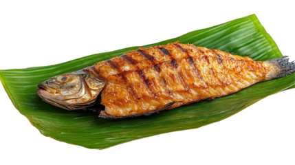 Deliciously grilled fish served on a green leaf, perfect for culinary presentations. transparent background