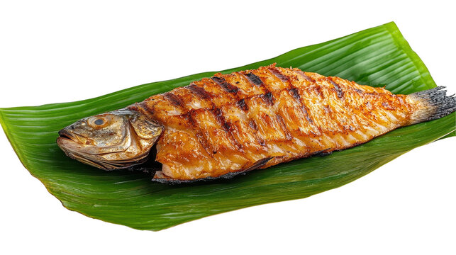 Deliciously grilled fish served on a green leaf, perfect for culinary presentations. transparent background