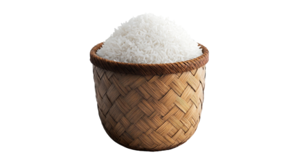 A basket filled with freshly harvested white rice, symbolizing nourishment and agriculture. transparent background