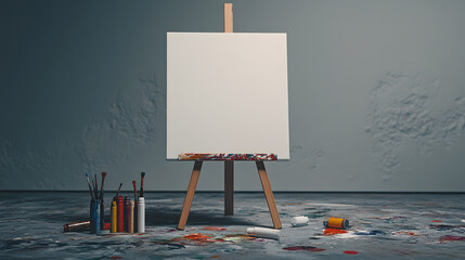 Blank canvas on easel, wooden palette with paint tubes scattered, creative workspace for artists, vibrant potential for expression.