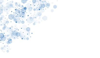Abstract blue hexagonal bokeh background with soft light and white space. Modern geometric design with copy space for templates and graphics