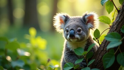 Obraz premium A Young Koala Perched on a Branch Amidst Lush Greenery, Basking in the Warm Golden Sunlight of a Serene Forest