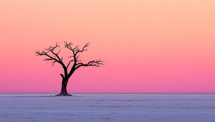 Solitary tree at dawn, desert landscape, pastel colors