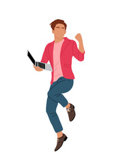 Young Businessman jumping with laptop. Handsome man in smart casual clothes holding computer and celebrating success. Vector colorful flat illustration isolated