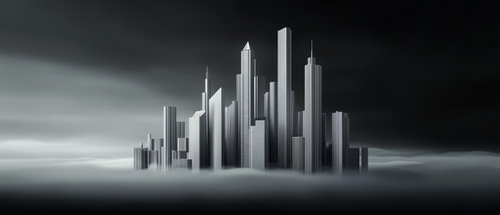 Fototapeta premium Minimalist abstract city skyline in black and white, featuring modern urban architecture and geometric shapes