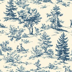 Charming Woodland Creatures Seamless Pattern Foxes Rabbits and Towering Trees