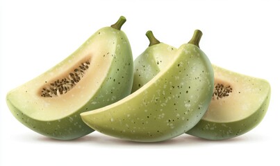 Freshly sliced green melons arranged artistically on a clean white background, showcasing their texture