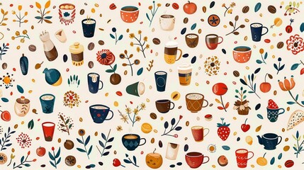 Autumn coffee & tea pattern, illustration background, warm colors