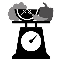 weighing scale, vegetables and fruits graphics,
