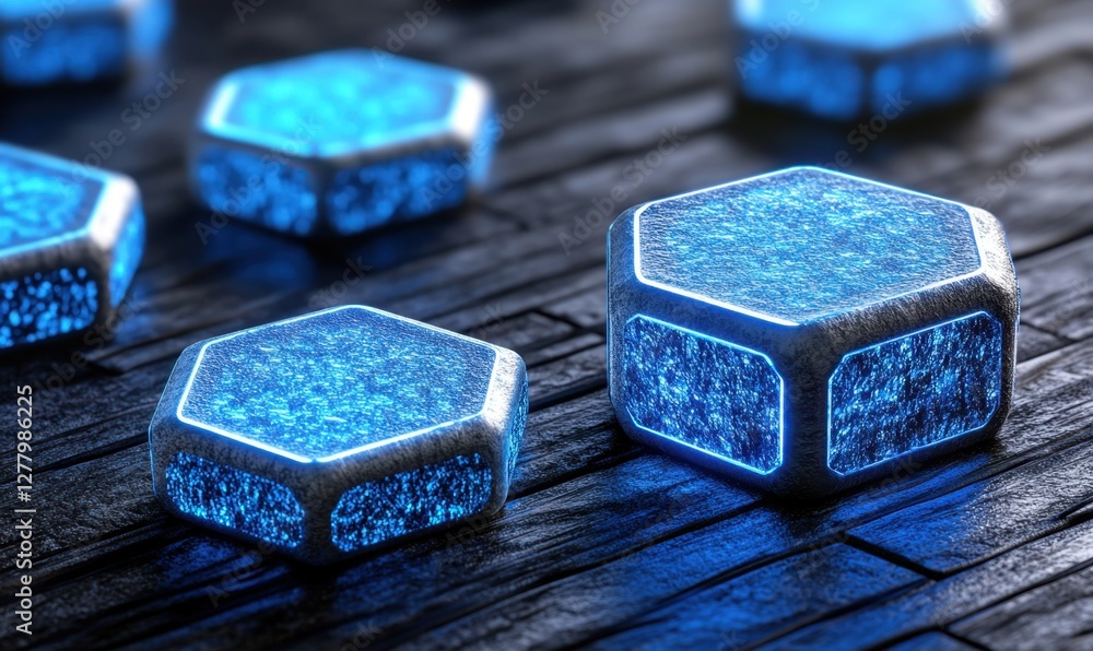Poster glowing hexagonal ice-like structures on a dark wooden surface with ambient lighting effects