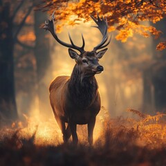 Majestic Stag in Foggy Autumn Forest: A Crown of Antlers Amidst Golden and Crimson Leaves