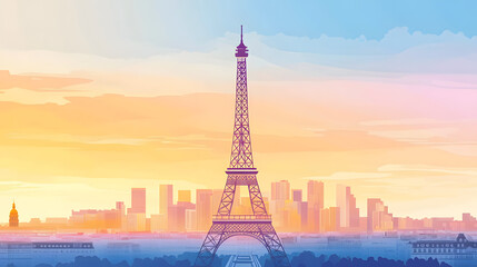 Obraz premium Scenic view of an iconic tower, vibrant sunset sky, soft pastel colors reflecting on city skyline, perfect for travel themes.