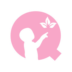Initial Letter Q Baby and Eco Leaf Symbol For Kinds Logo Design