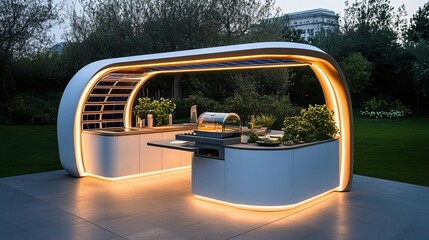 Obraz premium Futuristic outdoor cooking space with solar-powered lighting and eco-materials