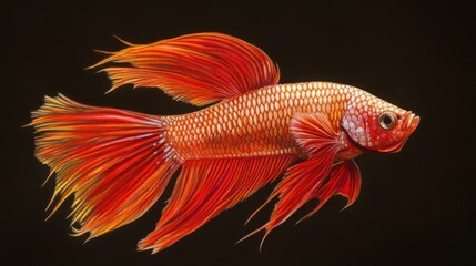 Fototapeta premium Fiery Orange Betta Fish Vivid Tail Aquarium Pet Underwater