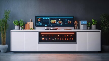 Obraz premium Futuristic outdoor kitchen with holographic cooking interface and AI integration