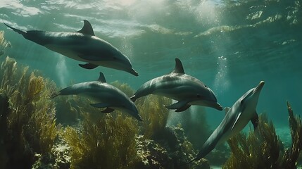 Obraz premium Dolphin Pod Swimming Underwater with Seaweed Natural Marine Life