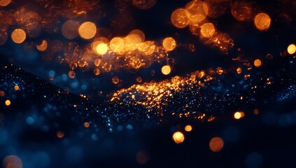Glittering particles flow, dark background, bokeh, abstract, design