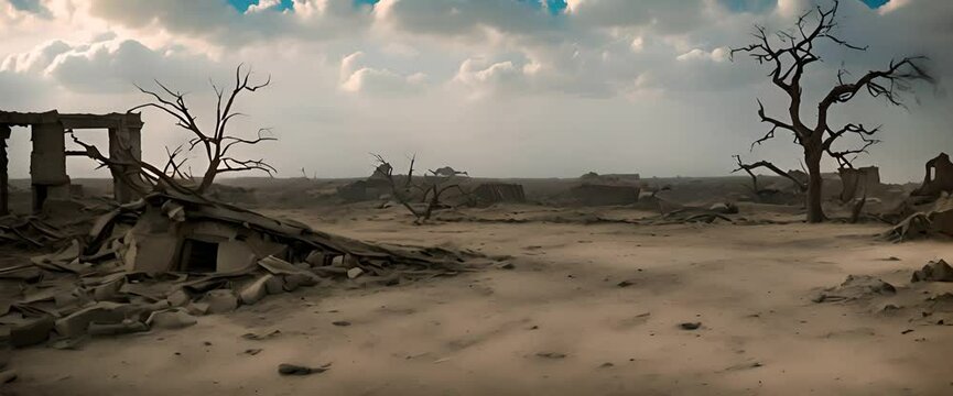 The sky was a gloomy gray, with smoke billowing in the distance